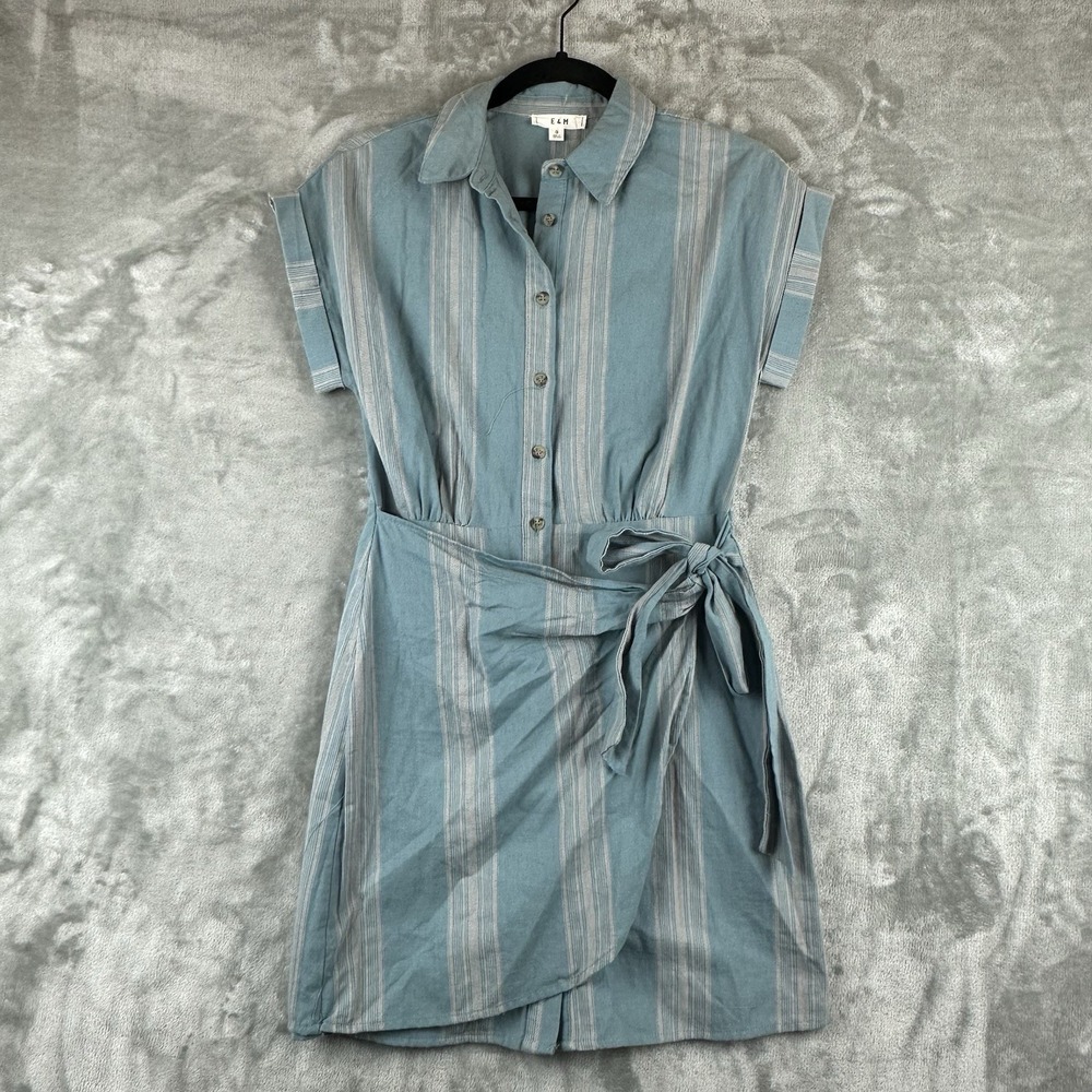 E & M Button Front Wrap Dress Women's S Blue Striped  Cotton NEW